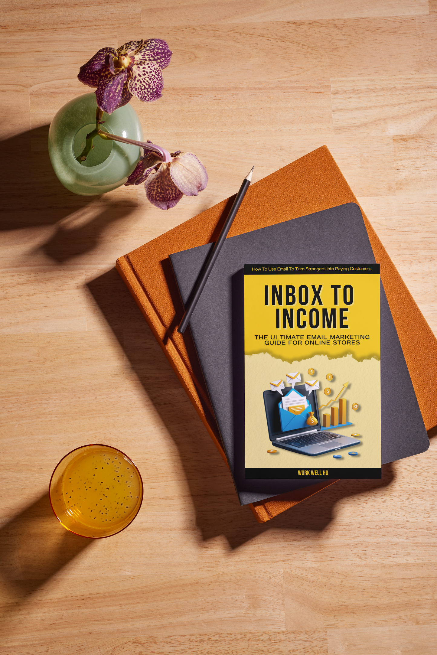 Book titled 'Inbox to Income' on a wooden surface with a glass of juice and flowers.