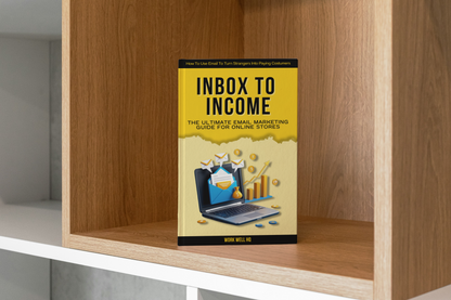 Book titled 'Inbox to Income' on a wooden shelf