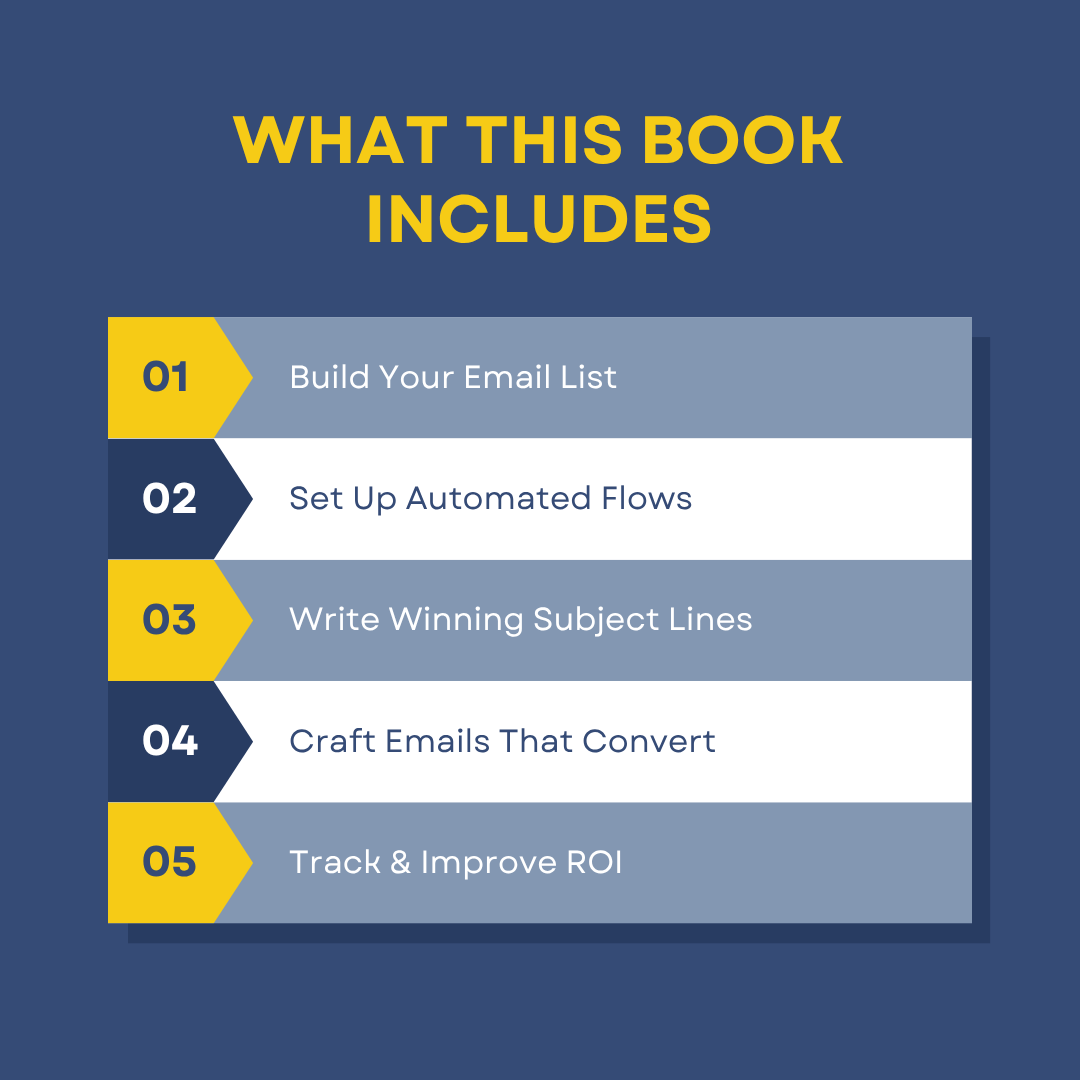 List of book contents on email marketing with a blue and yellow design.