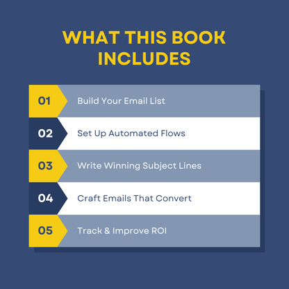 List of book contents on email marketing with a blue and yellow design.